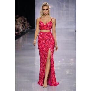 Ellie Wilde Hot Pink Sequin Cut-Out Evening Gown Runway Glam Maxi Prom Size 4